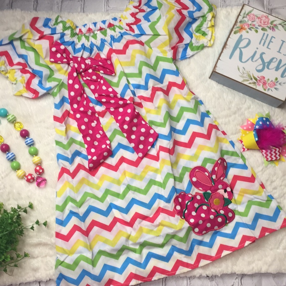 Boutique Spring Bright Chevron 🐇 Peasant Dress Easter Bunny New